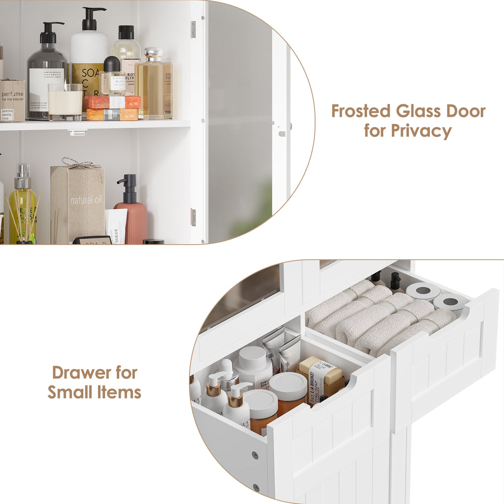 Homfa 4 Doors Bathroom Cabinet, 3-Tier Wood Tall Linen Storage Cabinet with 2 Drawers for Living Room Office, White
