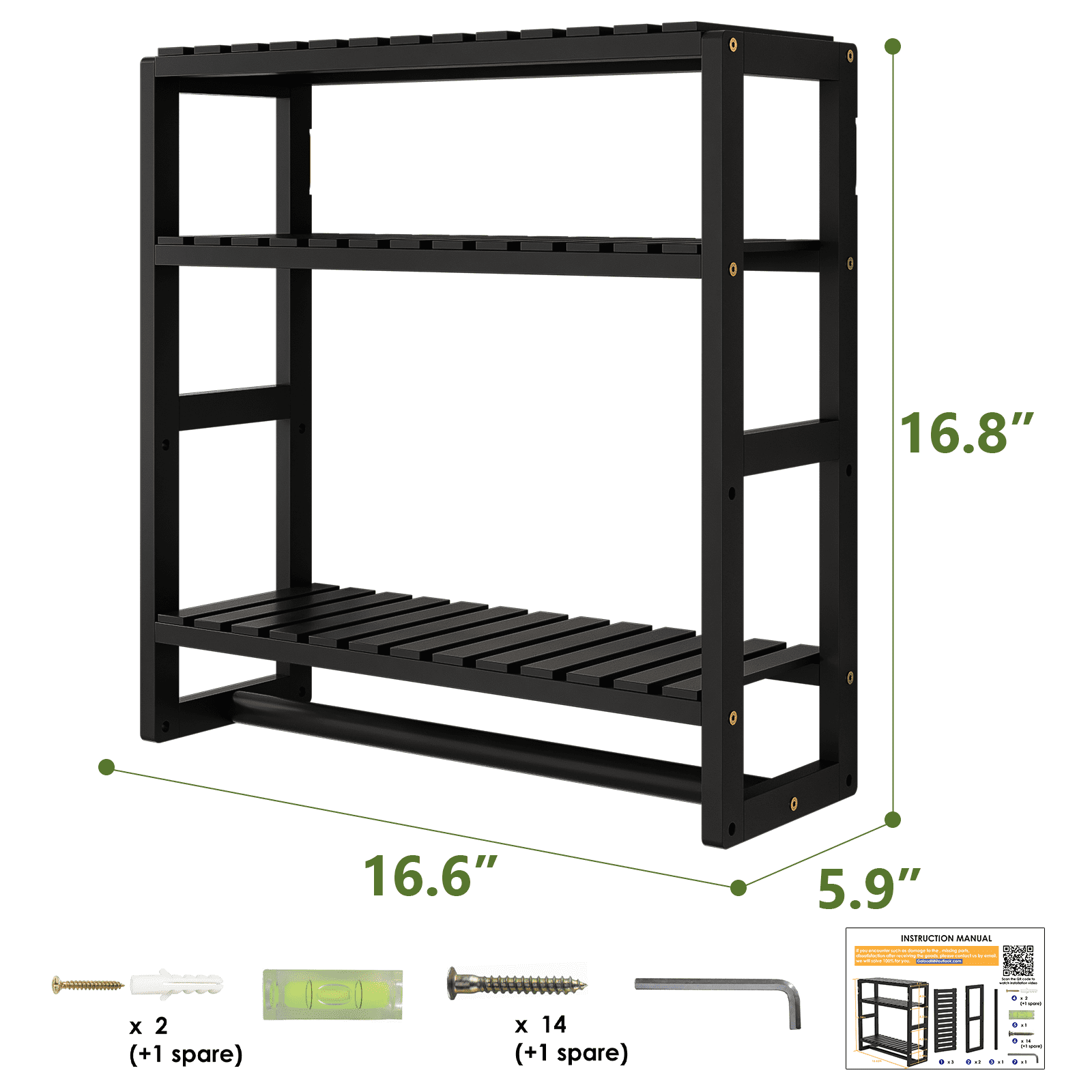 Bamworld Bamboo Bathroom Shelves Organizer Towel Rack for Storage Black Adjustable 3 Tiers Floating Shelf over the Toilet Storage with Hanging Rod