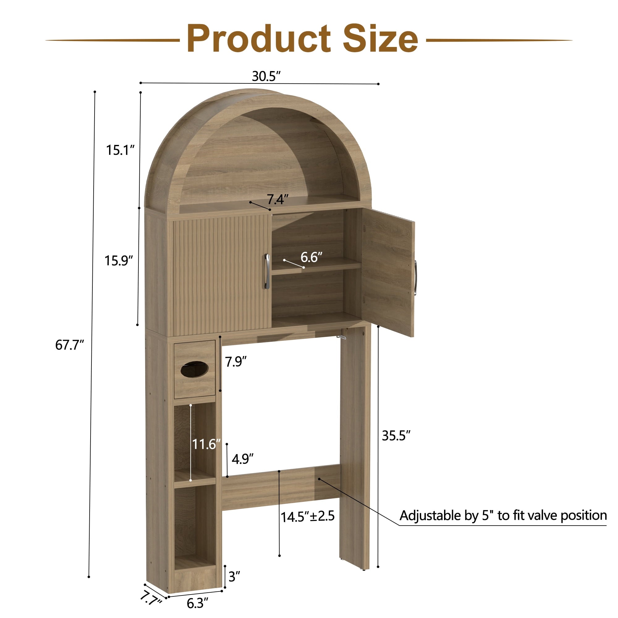 HARIPUL Over The Toilet Storage Cabinet w/ Unique Wood Grain & Arc Design, Freestanding Bathroom Shelf Organizer Space Saver w/ Doors & Anti-Tip Device, Wood Color