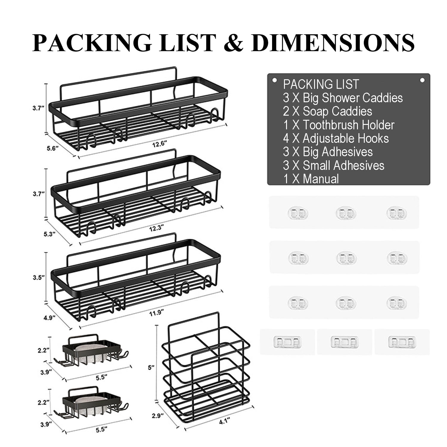 PHANCIR 6 PCS Shower Caddy, No Drilling Bathroom Organizer with Soap Holder, Adhesive Bathroom Caddy, Black