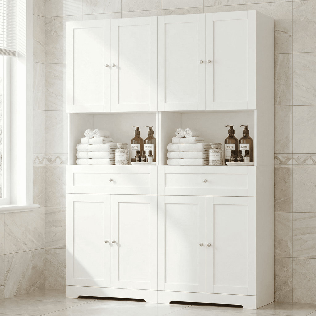 Homfa 67.5" Tall Bathroom Storage Cabinet with Drawer, 4 Door Modern Freestanding Cupboard, White