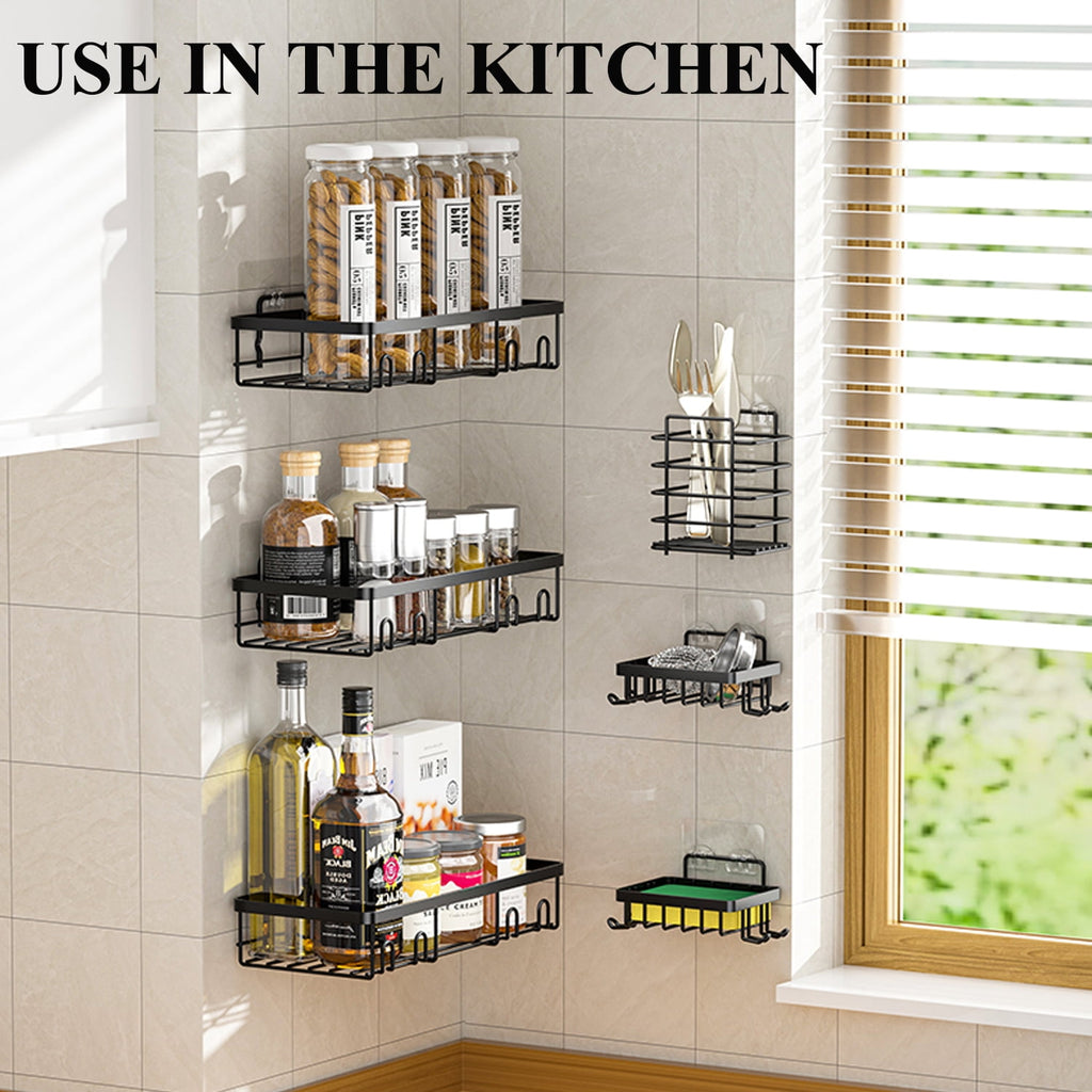 PHANCIR 6 PCS Shower Caddy, No Drilling Bathroom Organizer with Soap Holder, Adhesive Bathroom Caddy, Black