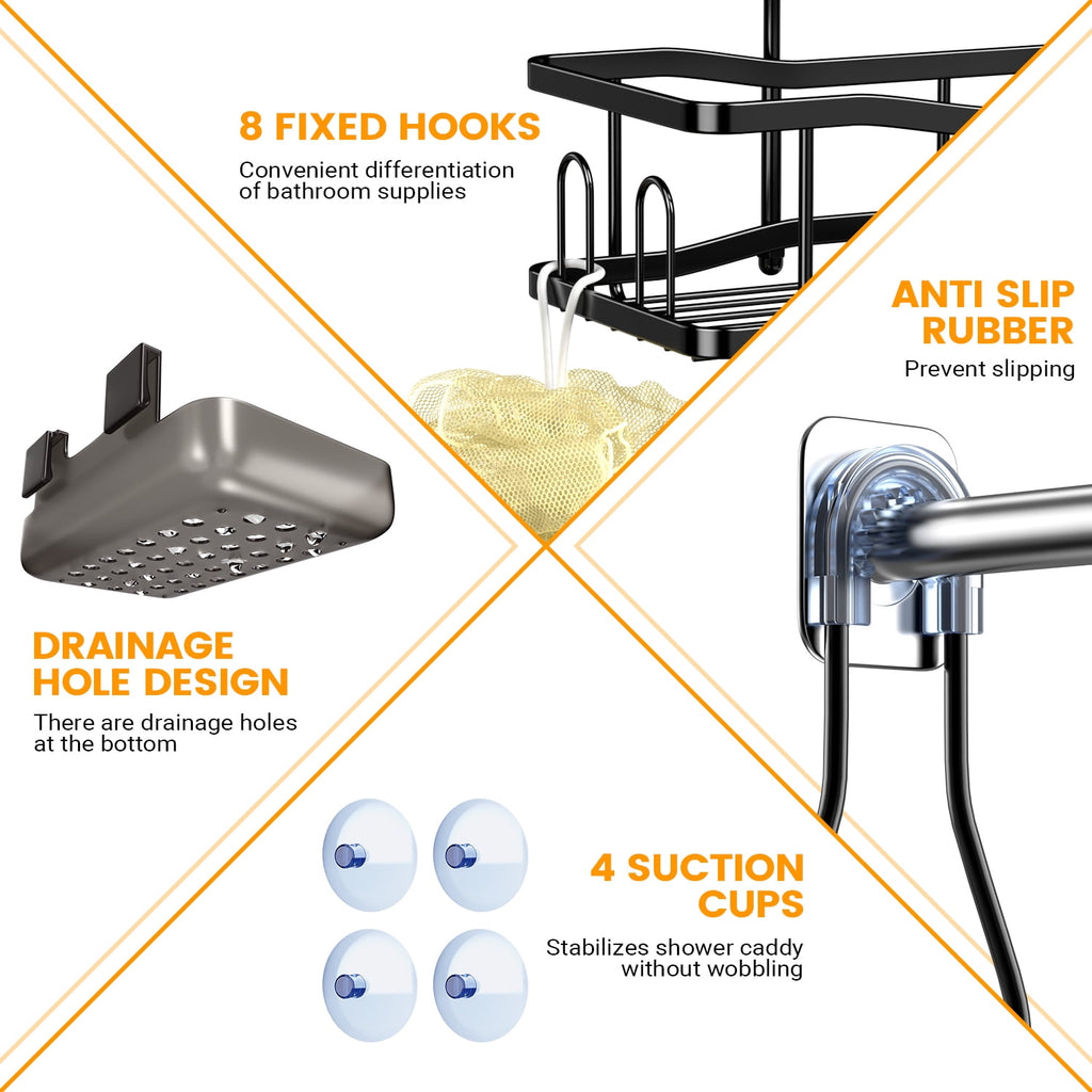 TINANA Hanging Shower Caddy, Rustproof Shower Shelf Racks Over Shower Head - No Drilling Bathroom Organizer for Shampoo with Soap Holder
