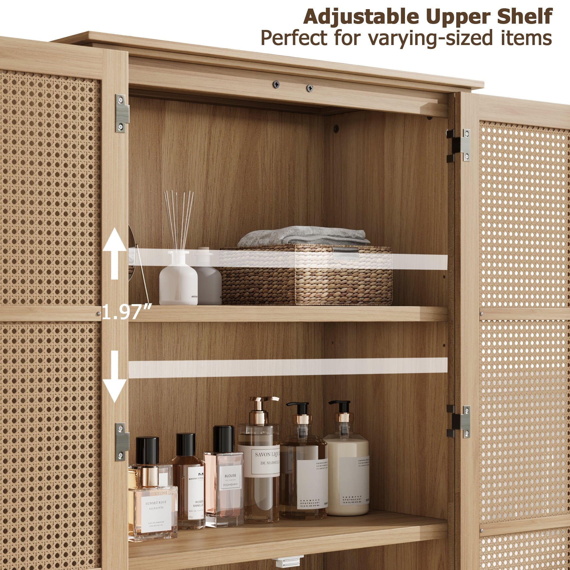 Homfa Bathroom Cabinet with Rattan Doors, Rattan Linen Storage Cabinet with 2 Drawers, Oak