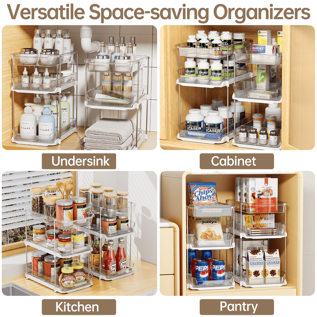 Delamu 2-Pack 3-Tier Pull-Out Under Sink Organizer, Stackable Sliding Storage Shelves for Bathroom Kitchen Pantry (White)