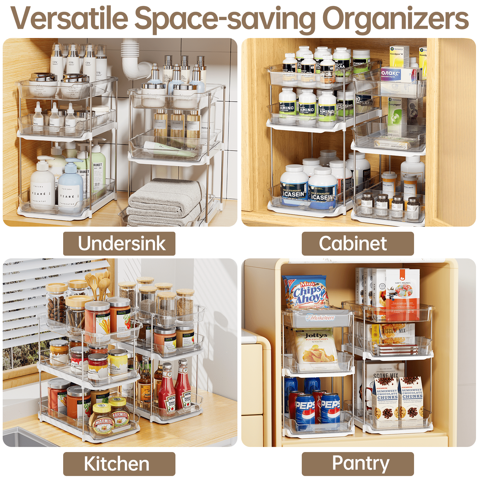 Delamu 2-Pack 3-Tier Pull-Out Under Sink Organizer, Stackable Sliding Storage Shelves for Bathroom Kitchen Pantry (White)