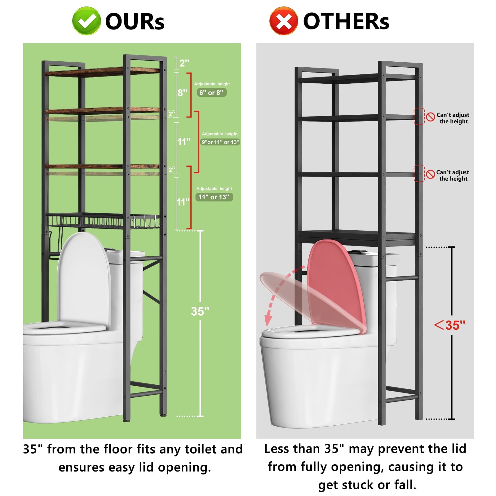 Biemlerfn Over The Toilet Storage Shelf, 4-Tier Wooden Bathroom Organizer Adjustable Saver Space Rack with Toilet Paper Holder, Vintage Brown