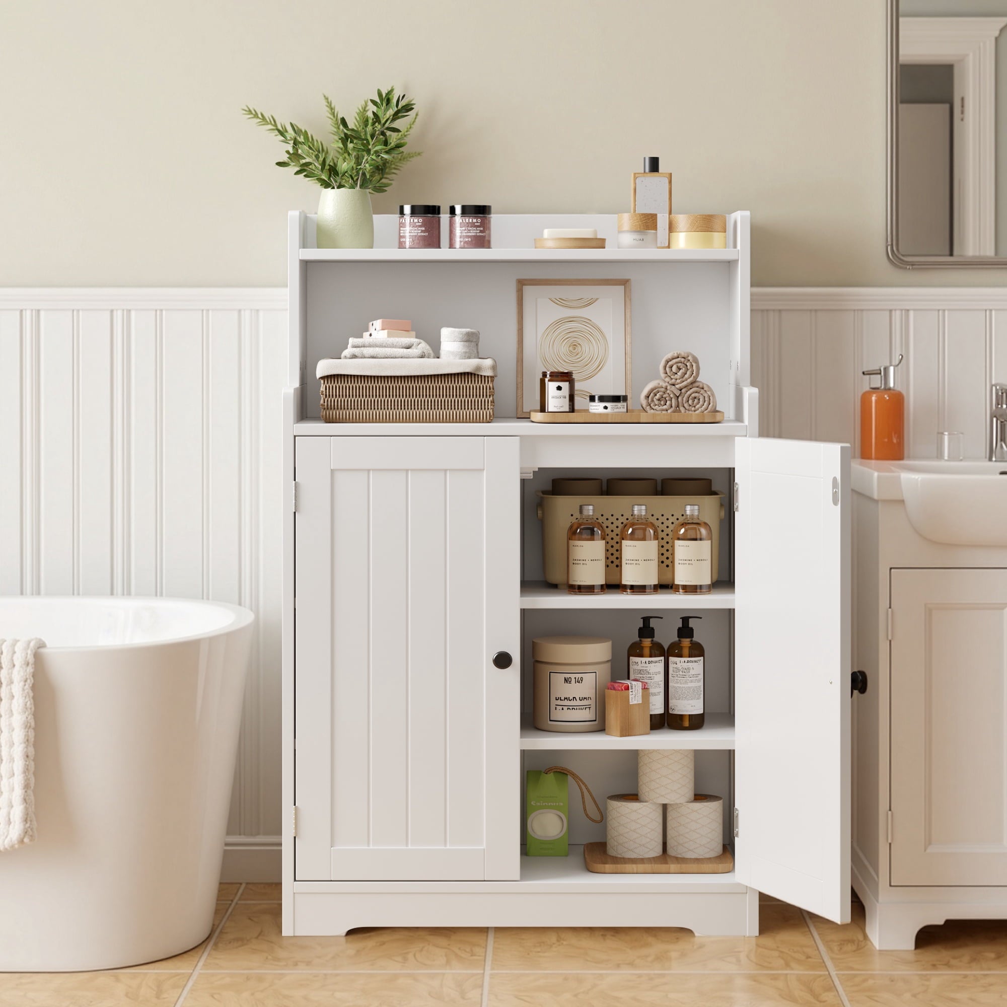 Asofer Bathroom Floor Storage Cabinet, Freestanding Cabinet with 4 Doors, Adjustable Shelves, White