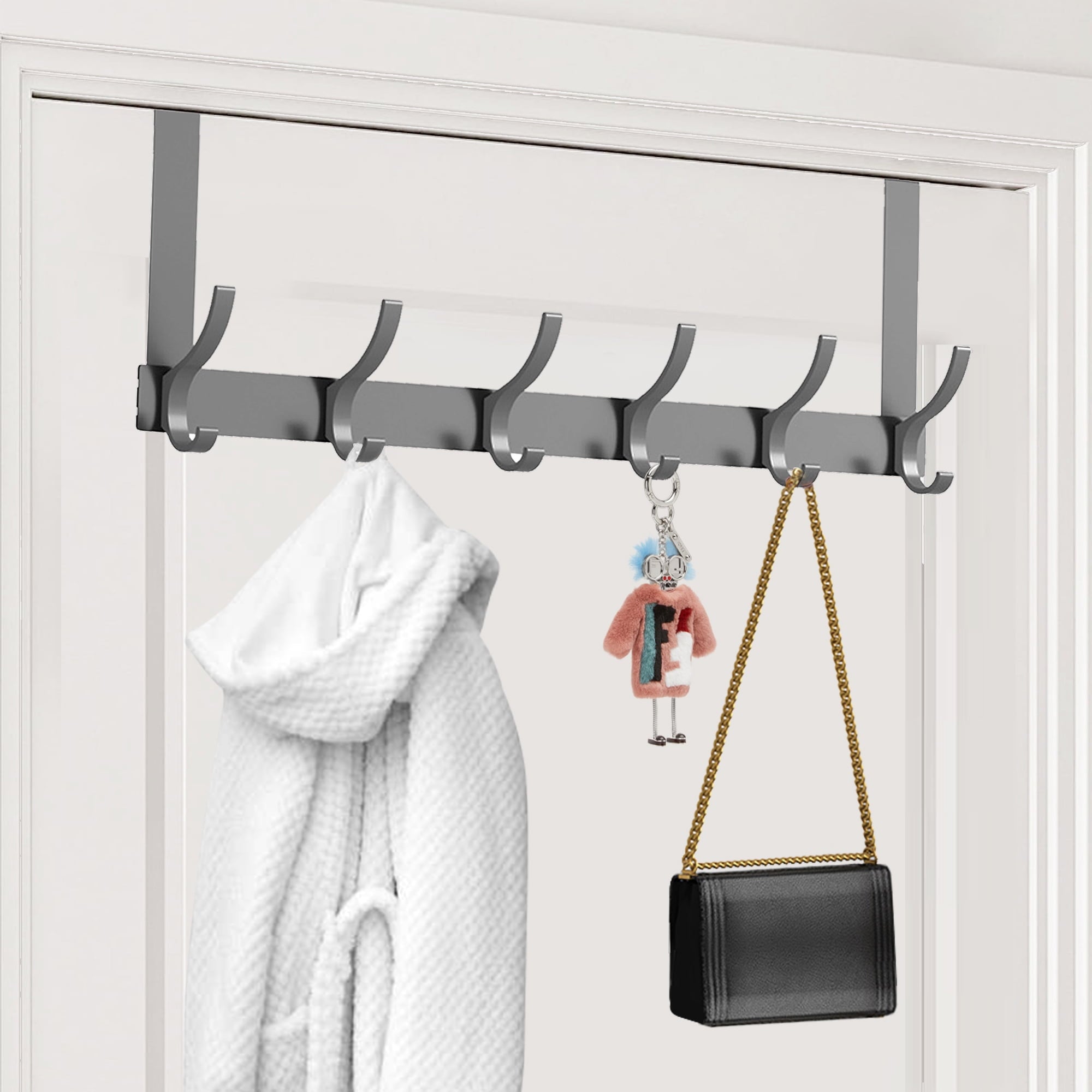 BUSATIA Over The Door Hook,Over Door Towel Rack with 6-Dual Coat Hooks,Door Hanger,Door Coat Hanger,Over The Door Coat Rack,Door Hooks for Hanging Clothes,Back of Door,Black