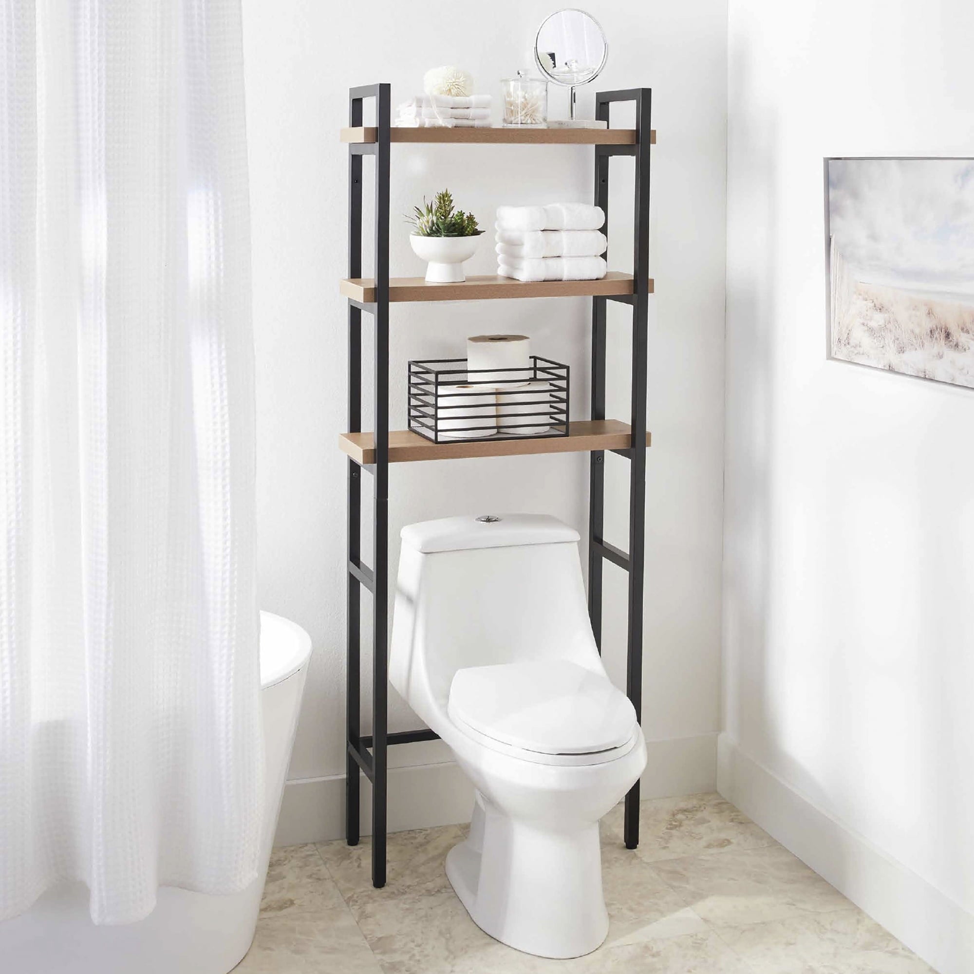 Better Homes & Gardens Jace 3-Shelf over-the-Toilet Rack with Black Frame and Oak Shelves