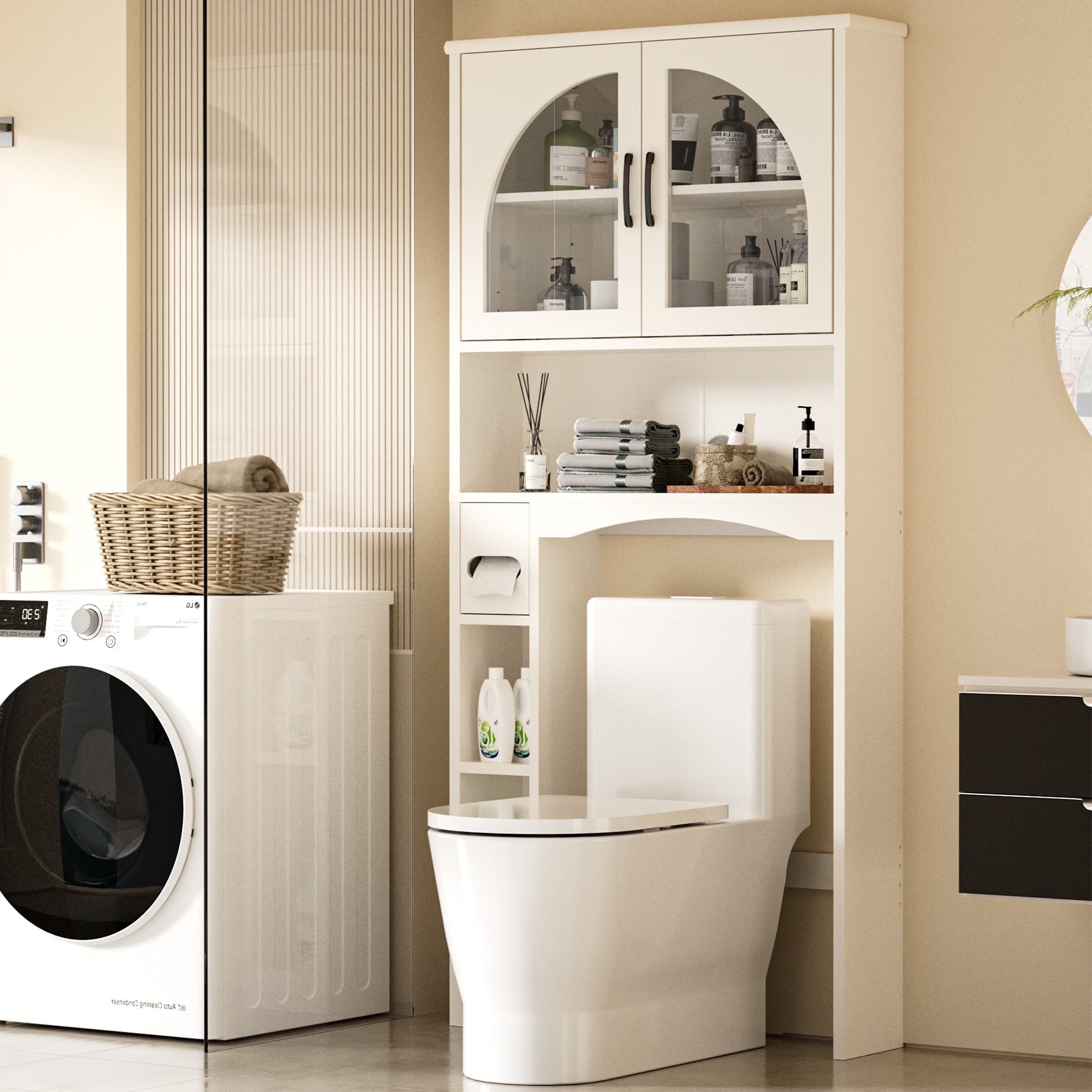 HARIPUL Over The Toilet Storage Cabinet w/ Unique Wood Grain & Arc Design, Freestanding Bathroom Shelf Organizer Space Saver w/ Doors & Anti-Tip Device, Wood Color