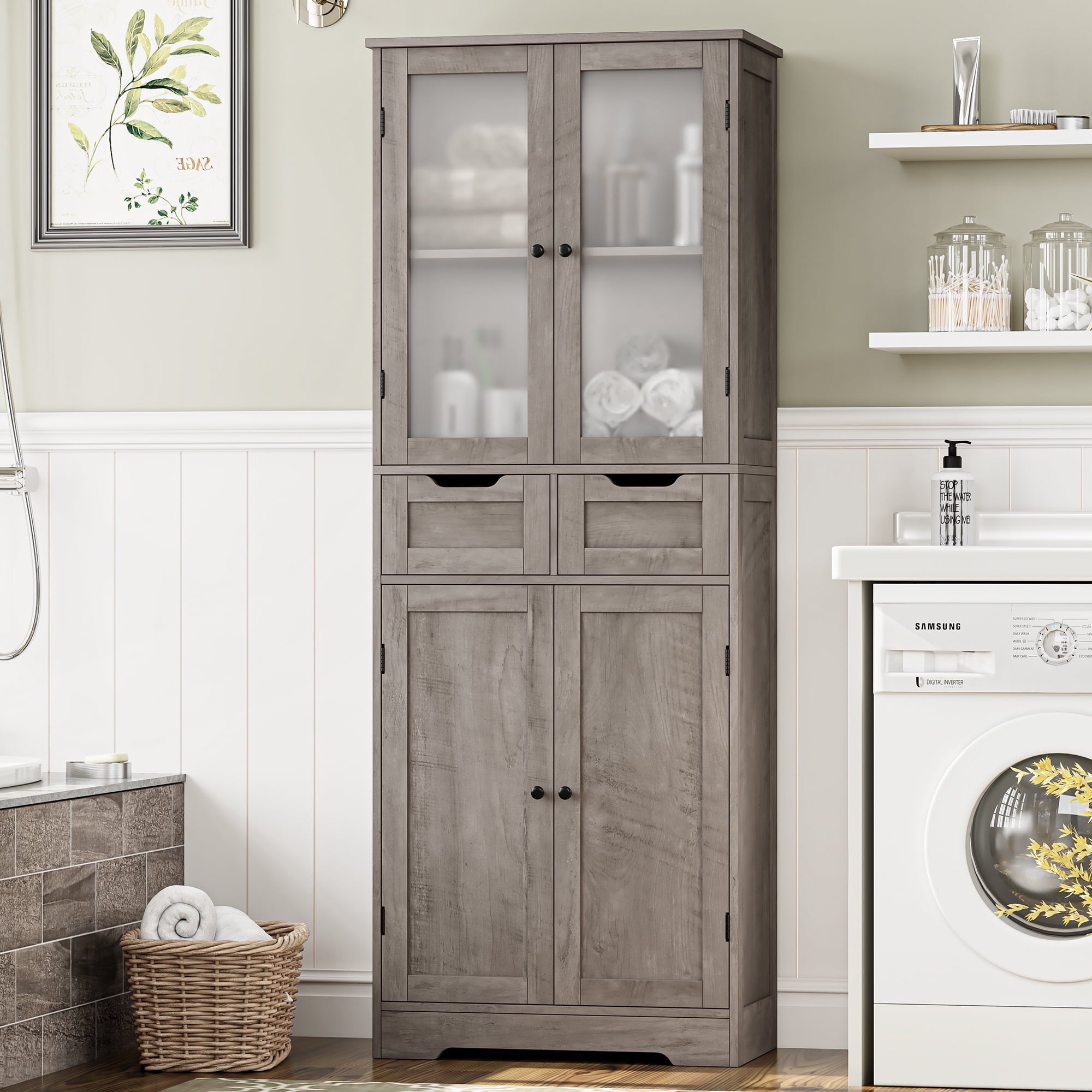 Homfa 4 Doors Bathroom Cabinet, 3-Tier Wood Tall Linen Storage Cabinet with 2 Drawers for Living Room Office, White