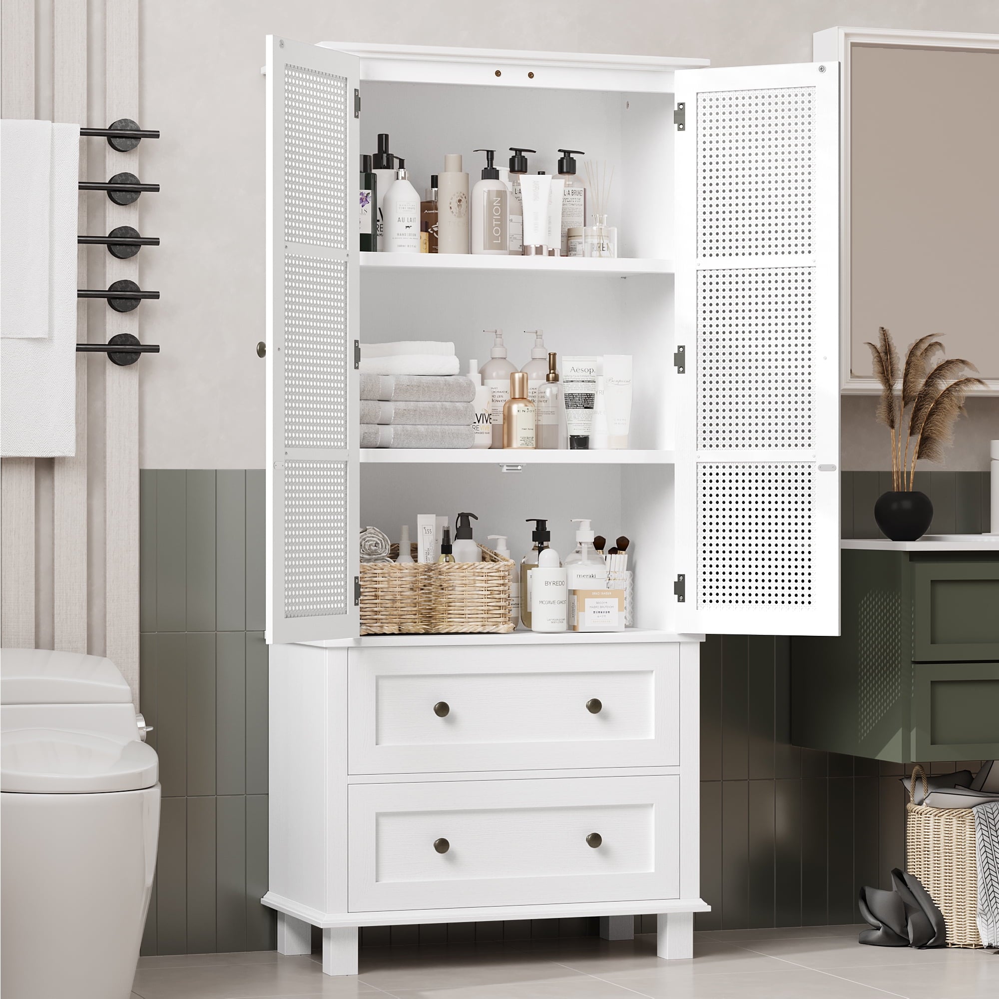 Homfa Bathroom Cabinet with Rattan Doors, Rattan Linen Storage Cabinet with 2 Drawers, Oak