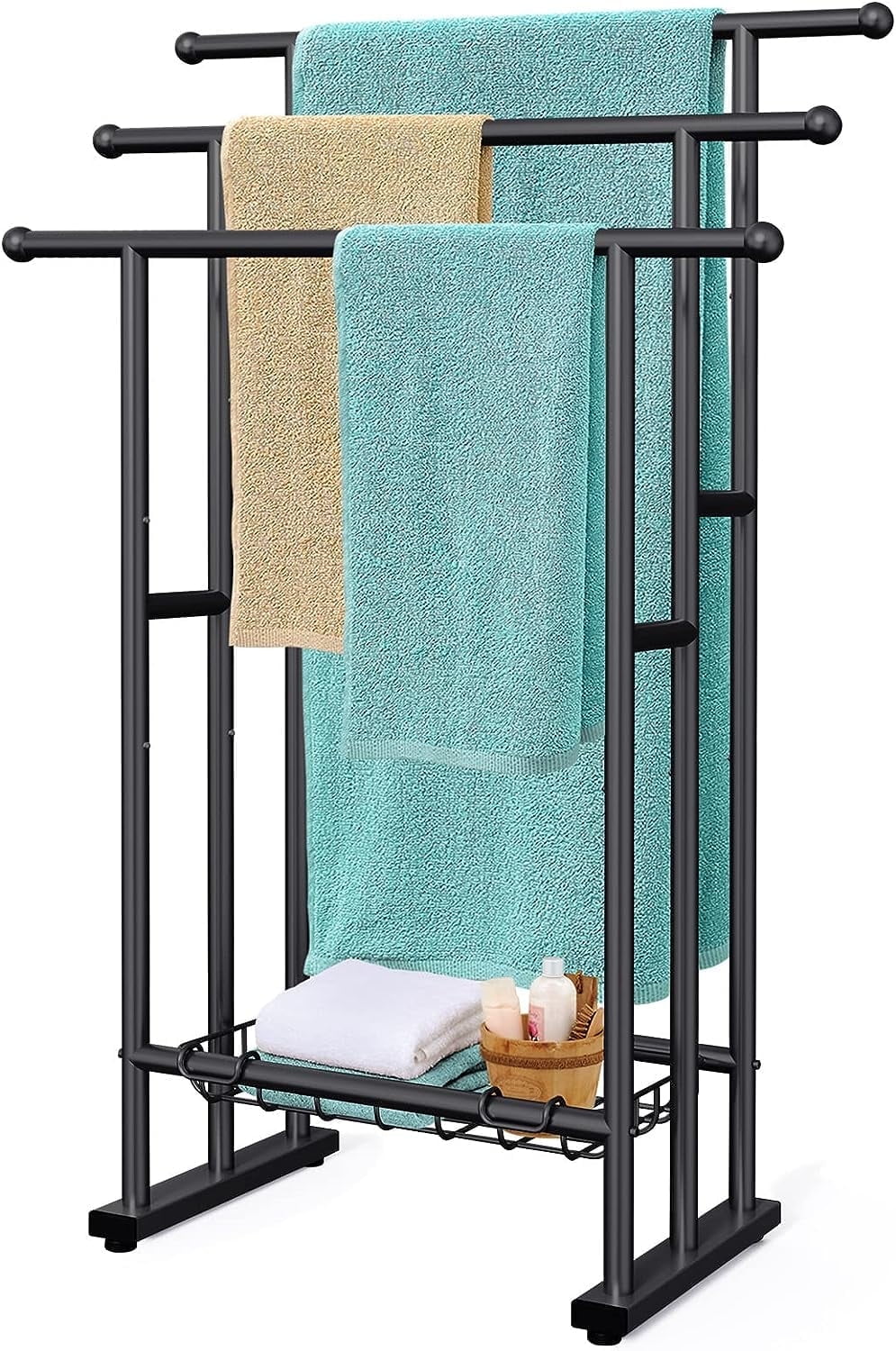 Kayfia 40" H Free Standing Towel Rack, 3 Tier Alloy Steel Towel Rack Stand with Basket