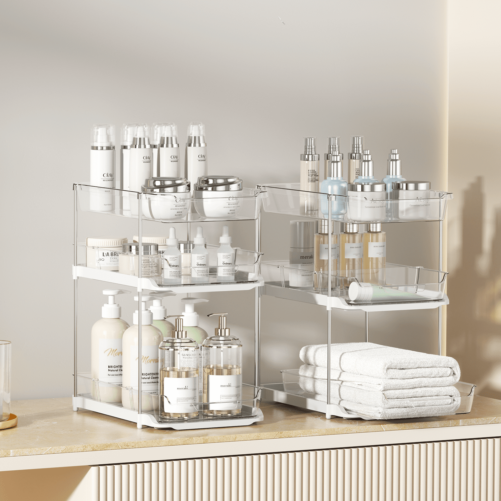 Delamu 2-Pack 3-Tier Pull-Out Under Sink Organizer, Stackable Sliding Storage Shelves for Bathroom Kitchen Pantry (White)