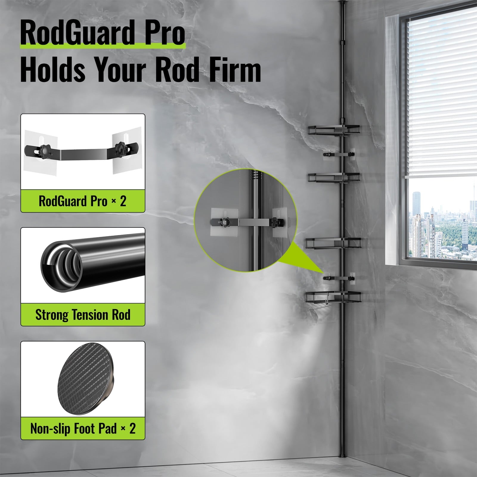 LazySpin 4-Shelf Corner Shower Caddy Tension Pole, Black