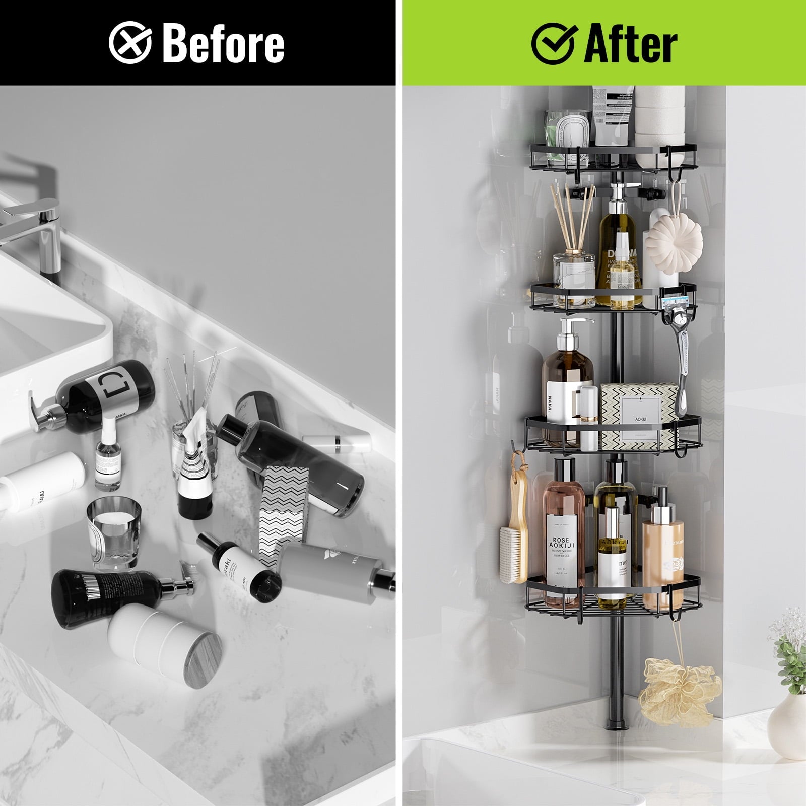 LazySpin 4-Shelf Corner Shower Caddy Tension Pole, Black