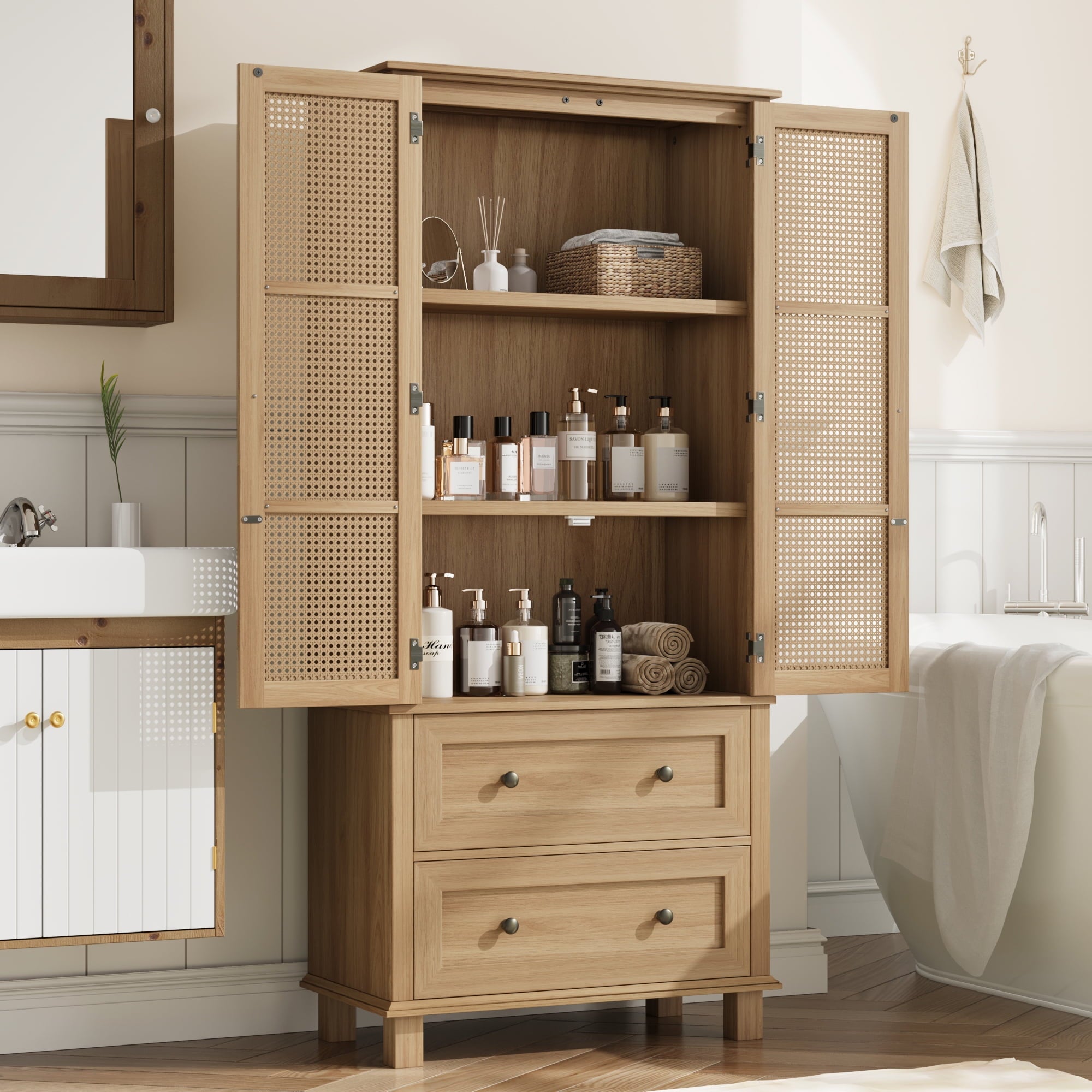 Homfa Bathroom Cabinet with Rattan Doors, Rattan Linen Storage Cabinet with 2 Drawers, Oak